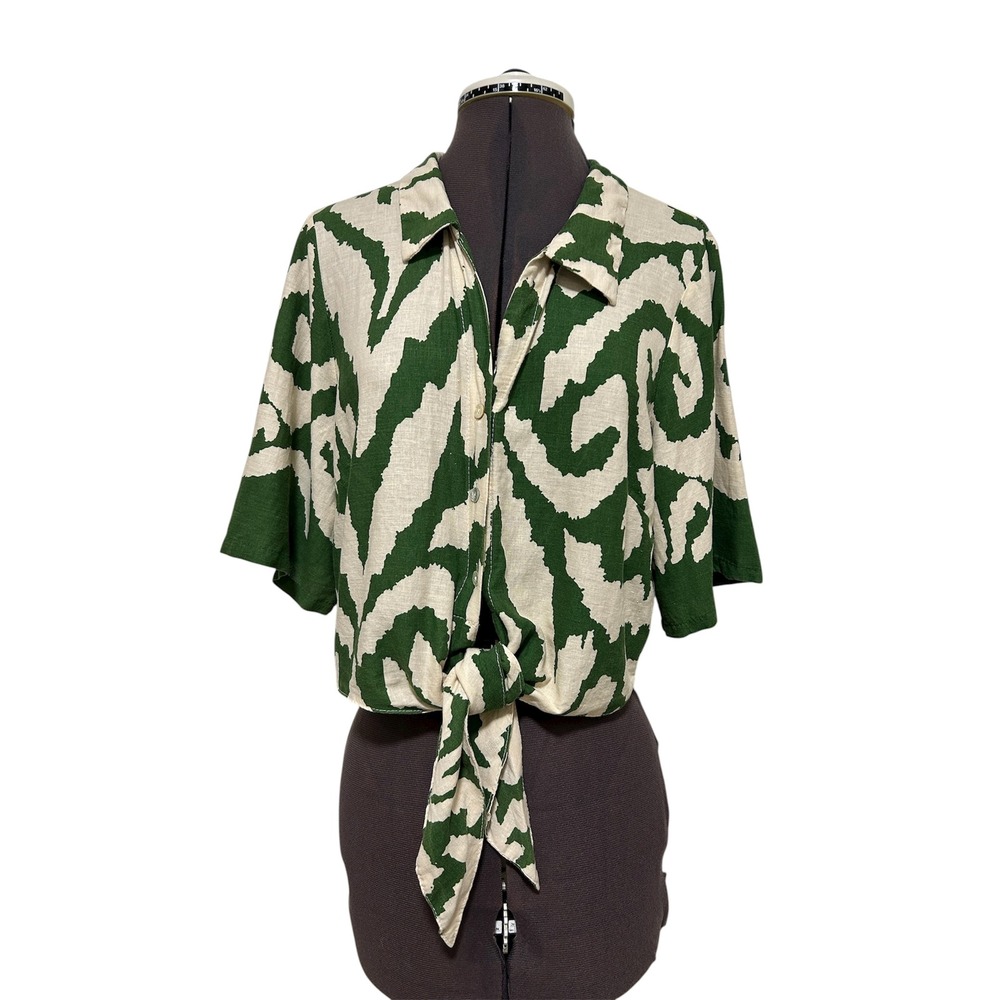 Rachel Zoe Linen Blend Green Ivory Abstract Print Buttons Tie Front Top M